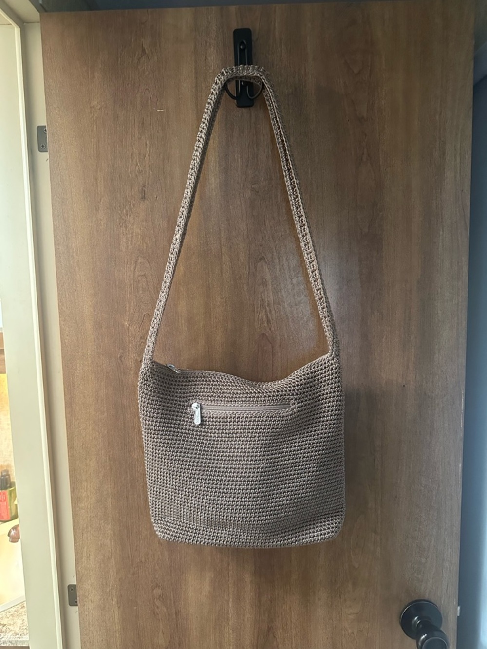 The Sak Crochet Shoulder Bag in Taupe  10”L x 11”W  16” shoulder drop like new